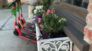 A window box with flowers and a decorative metal frame.