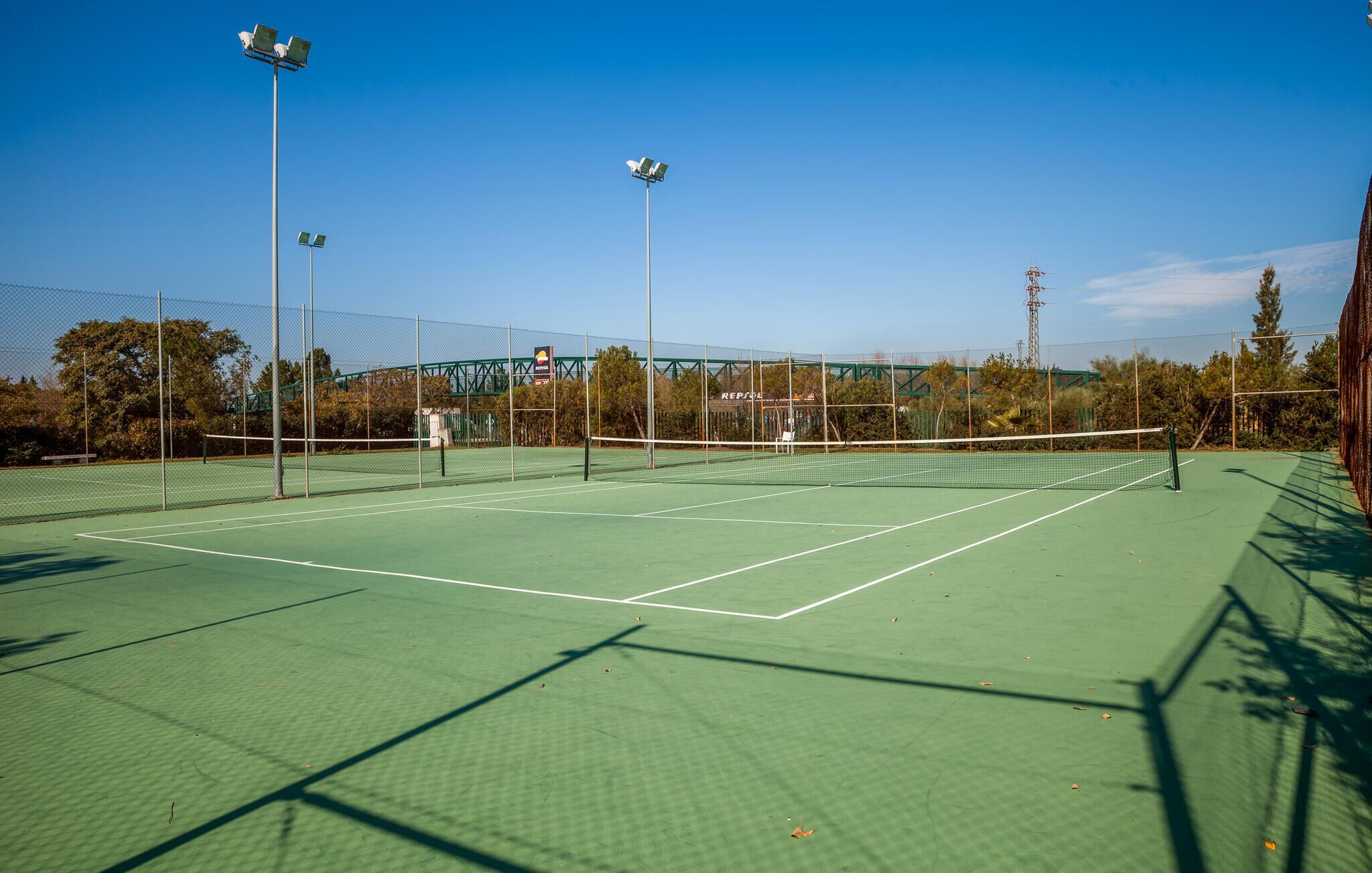 Ein Tennisplatz im Freien mit grüner Belag, umgeben von einem Maschendrahtzaun und mit Beleuchtung ausgestattet.