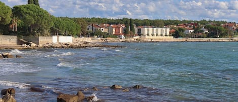 Vista costera con costa rocosa, edificios y árboles.