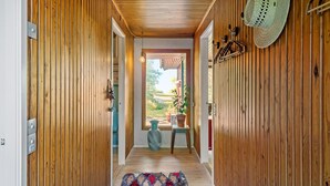 Un couloir en bois avec un tapis, un chapeau accroché au mur et une vue sur l’extérieur.
