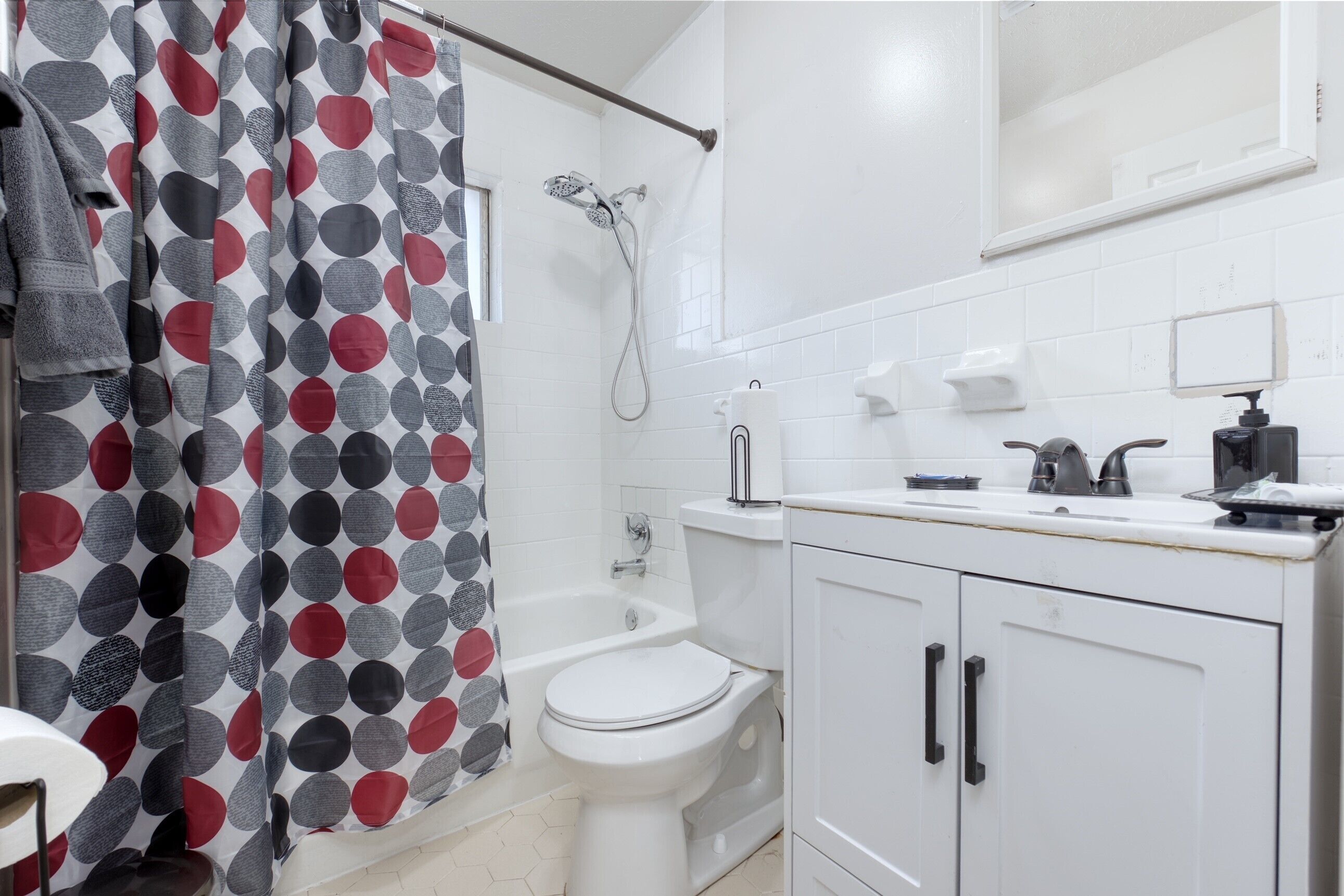 Hair dryer, towels, soap, shampoo