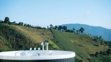 A view of a lush green hillside with a clear sky.