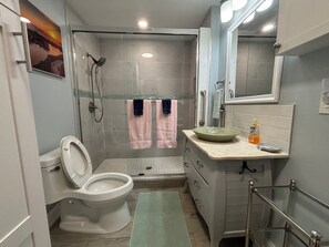 Ducha, secador de pelo, toallas, jabón