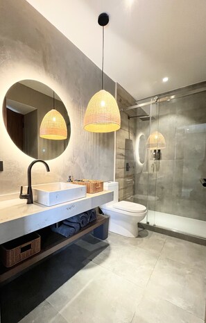 Hair dryer, towels, soap, shampoo