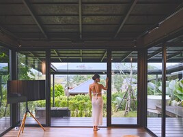Una habitación amplia con un gran ventanal, un televisor sobre un mueble y vistas a un jardín exuberante.