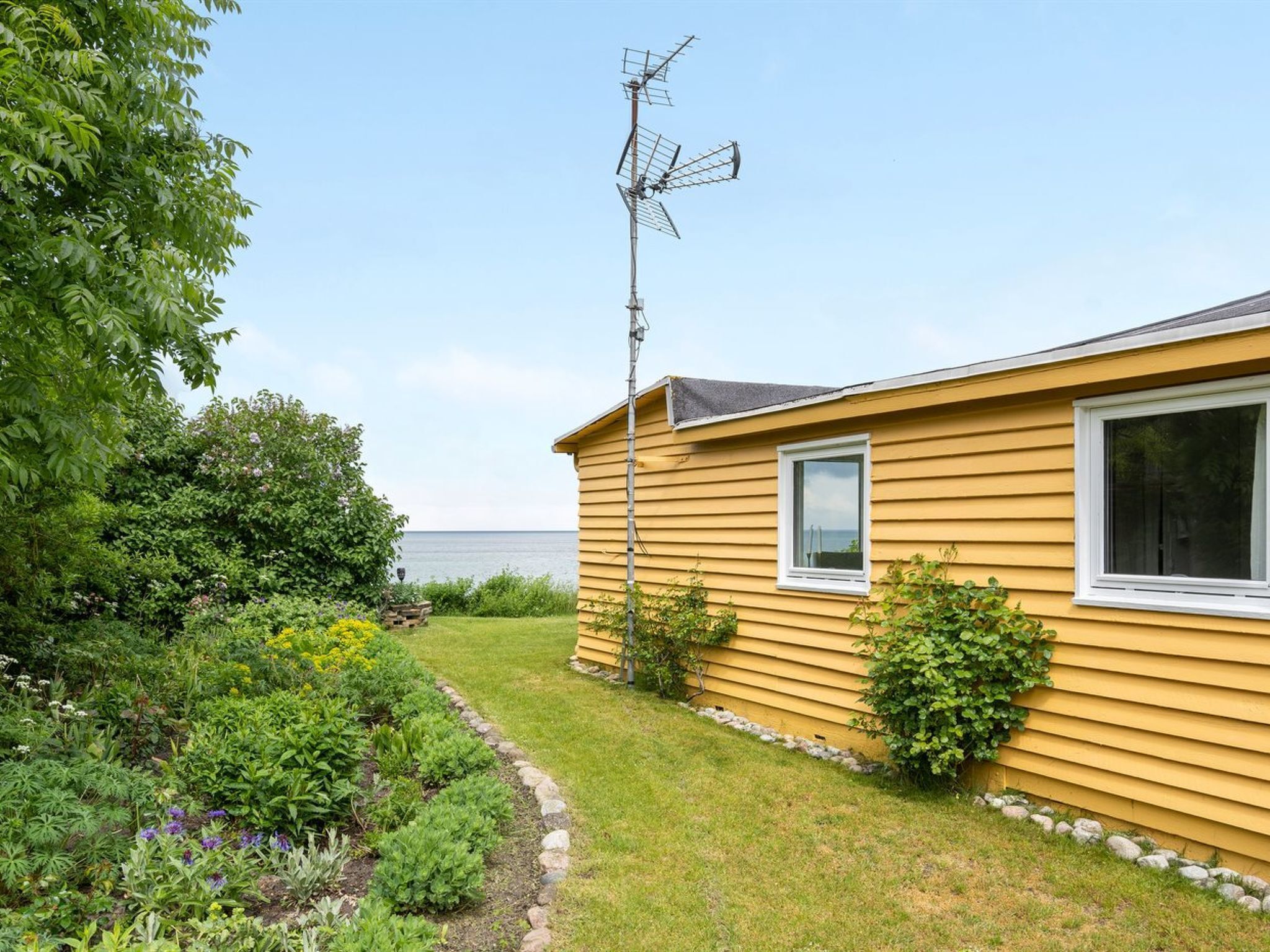 A yellow single-story house with a satellite dish, surrounded by a garden with various plants and flowers.