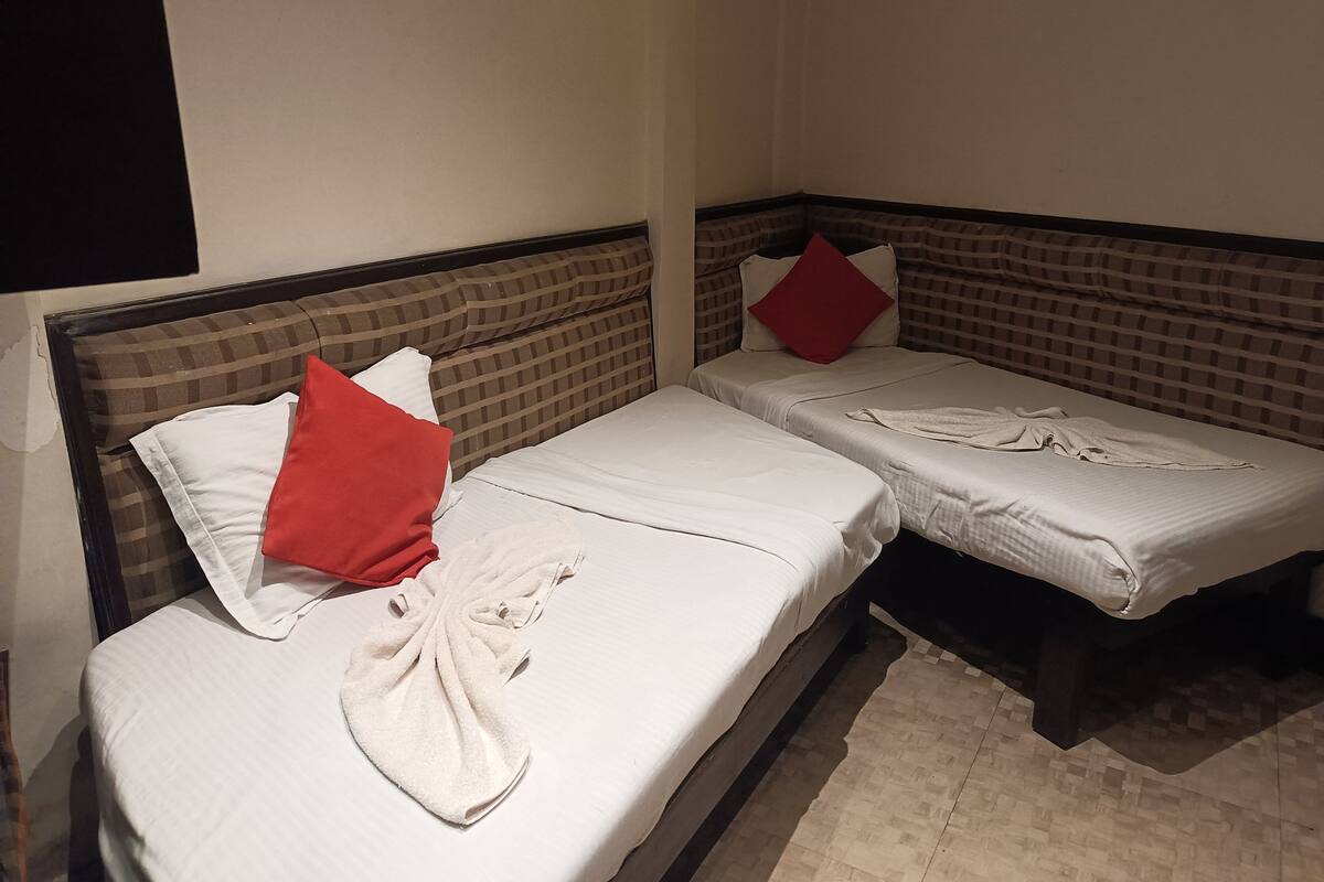 Two single beds with checkered headboards, white linens, and red pillows.