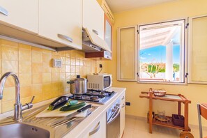 A kitchen with a stove, microwave, sink, and a window with a view of greenery. - Villetta Relax with pool in residence (Melendugno)