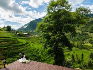 Terraced rice fields, a wooden deck, and a mountain backdrop. - MT House Sa Pa (Sa Pa)