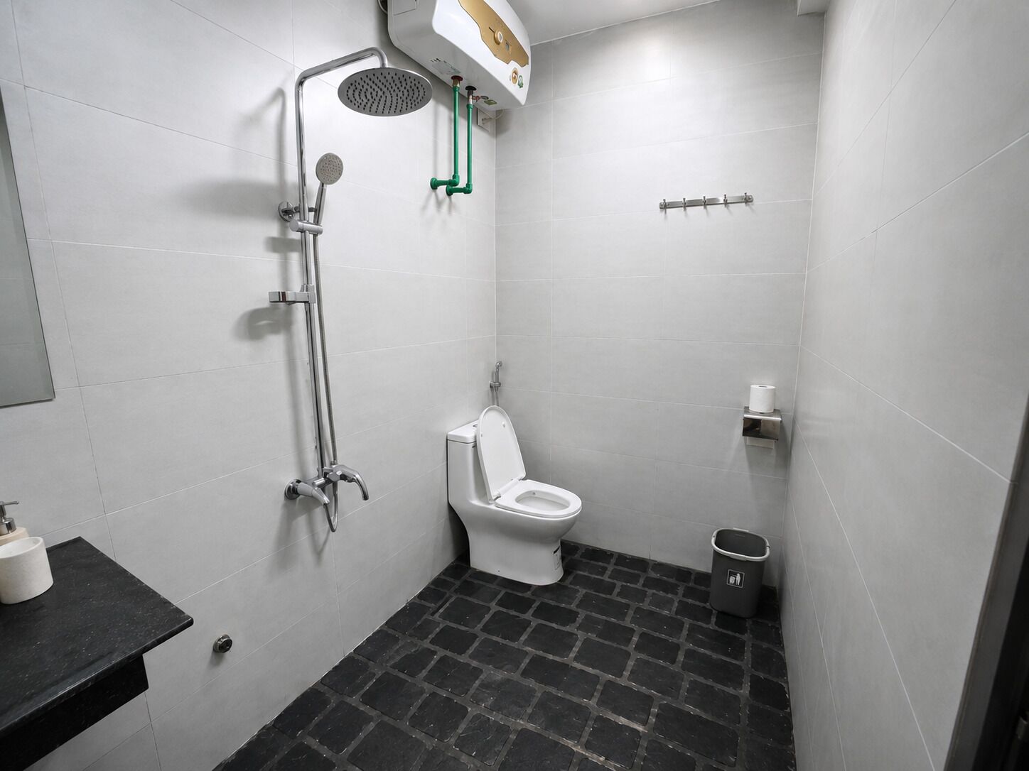 A small, modern bathroom with a toilet, a shower with a handheld showerhead, and a wall-mounted toilet paper holder.