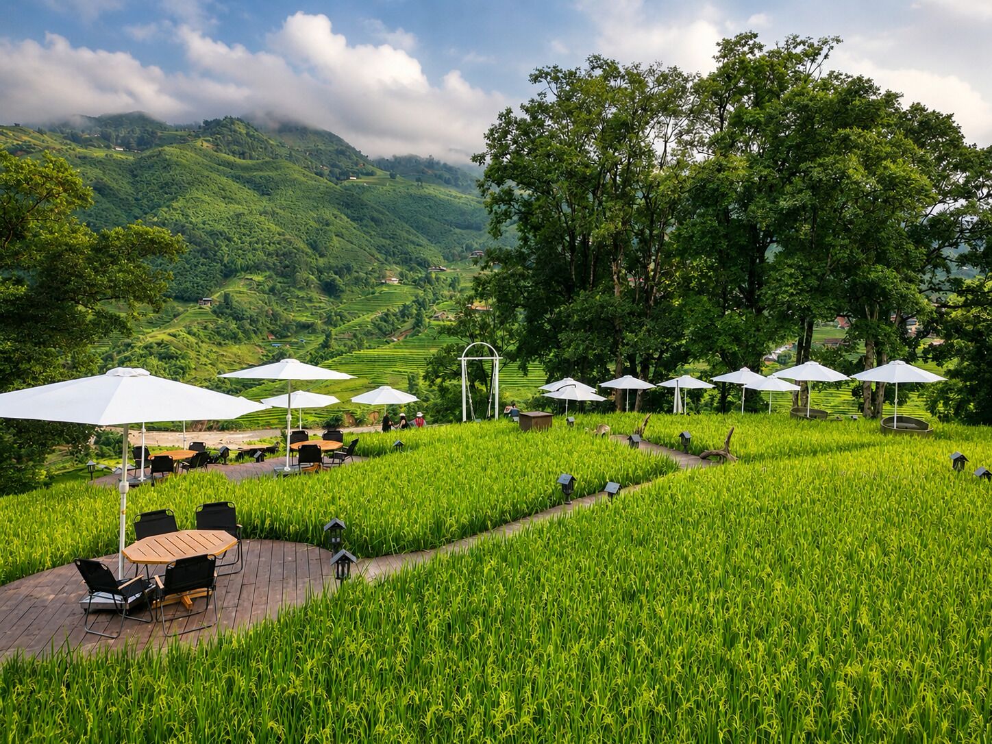 Una terraza con mobiliario exterior y sombrillas, con vistas a un paisaje verde y exuberante.