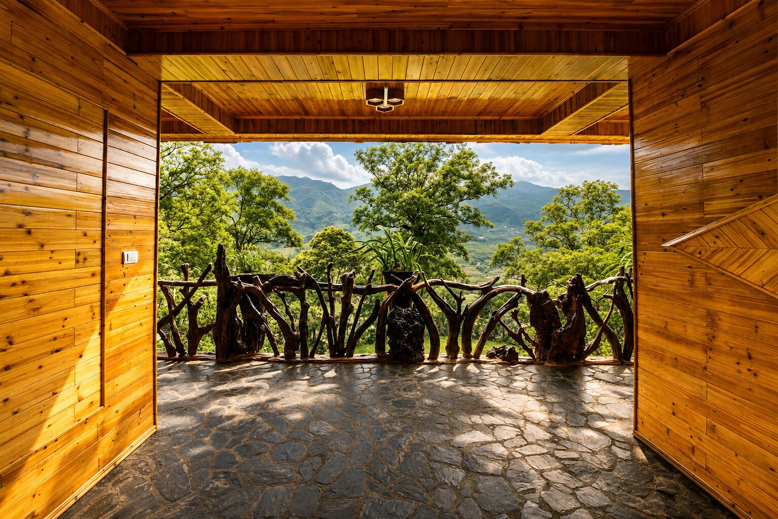 A wooden interior with a stone floor leading to an outdoor area with a view of green trees and mountains.