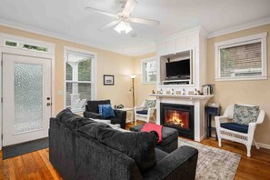 TV, fireplace, books