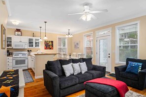 TV, fireplace, books