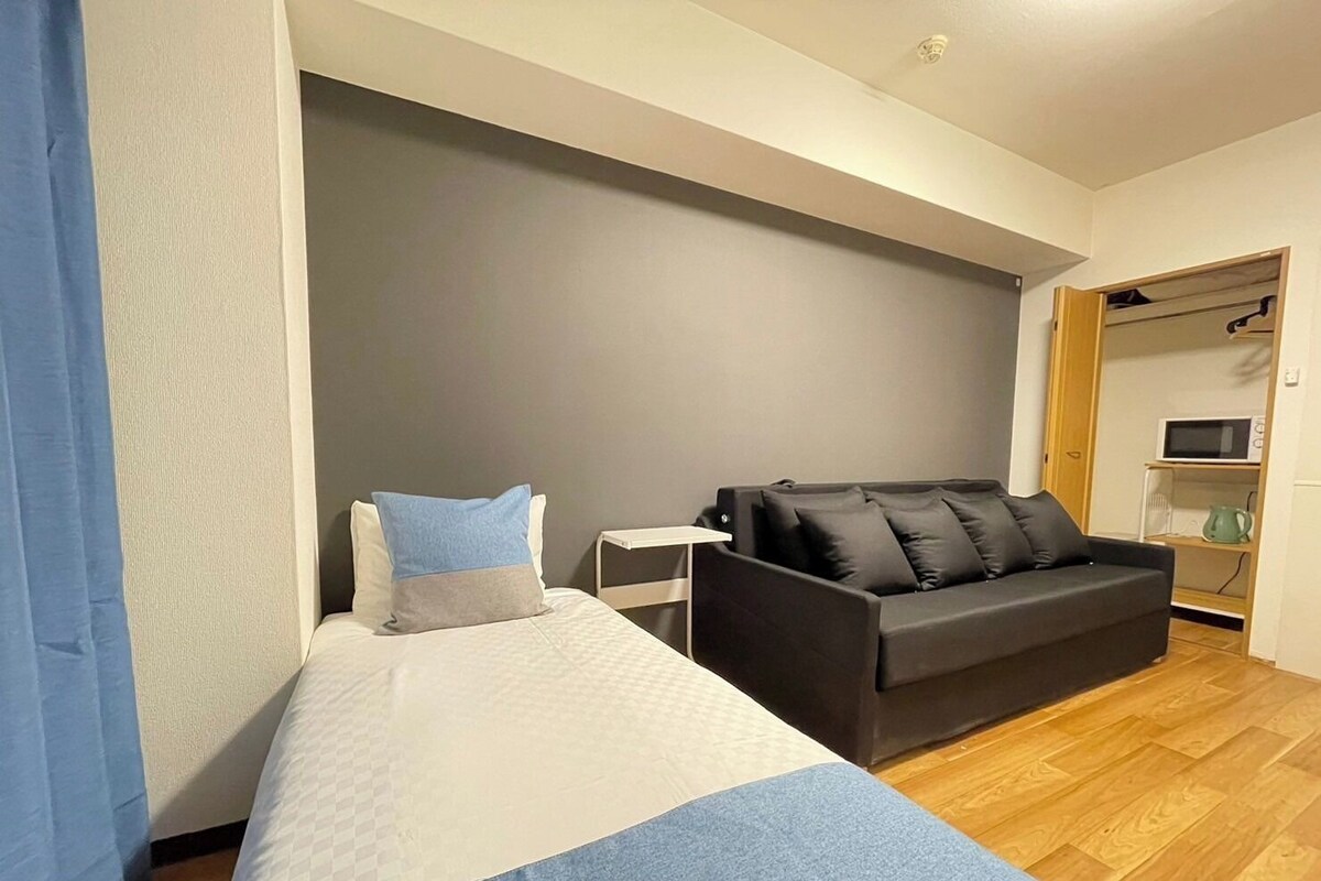 Ein Schlafzimmer mit Bett, einer Couch, einem Kleiderschrank und einer Mikrowelle.
