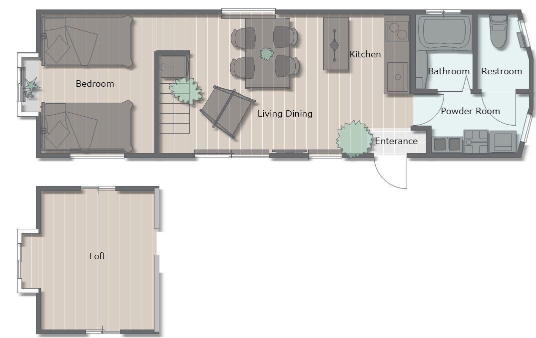 A floor plan with a bedroom, living dining area, kitchen, bathroom, powder room, and an entrance.