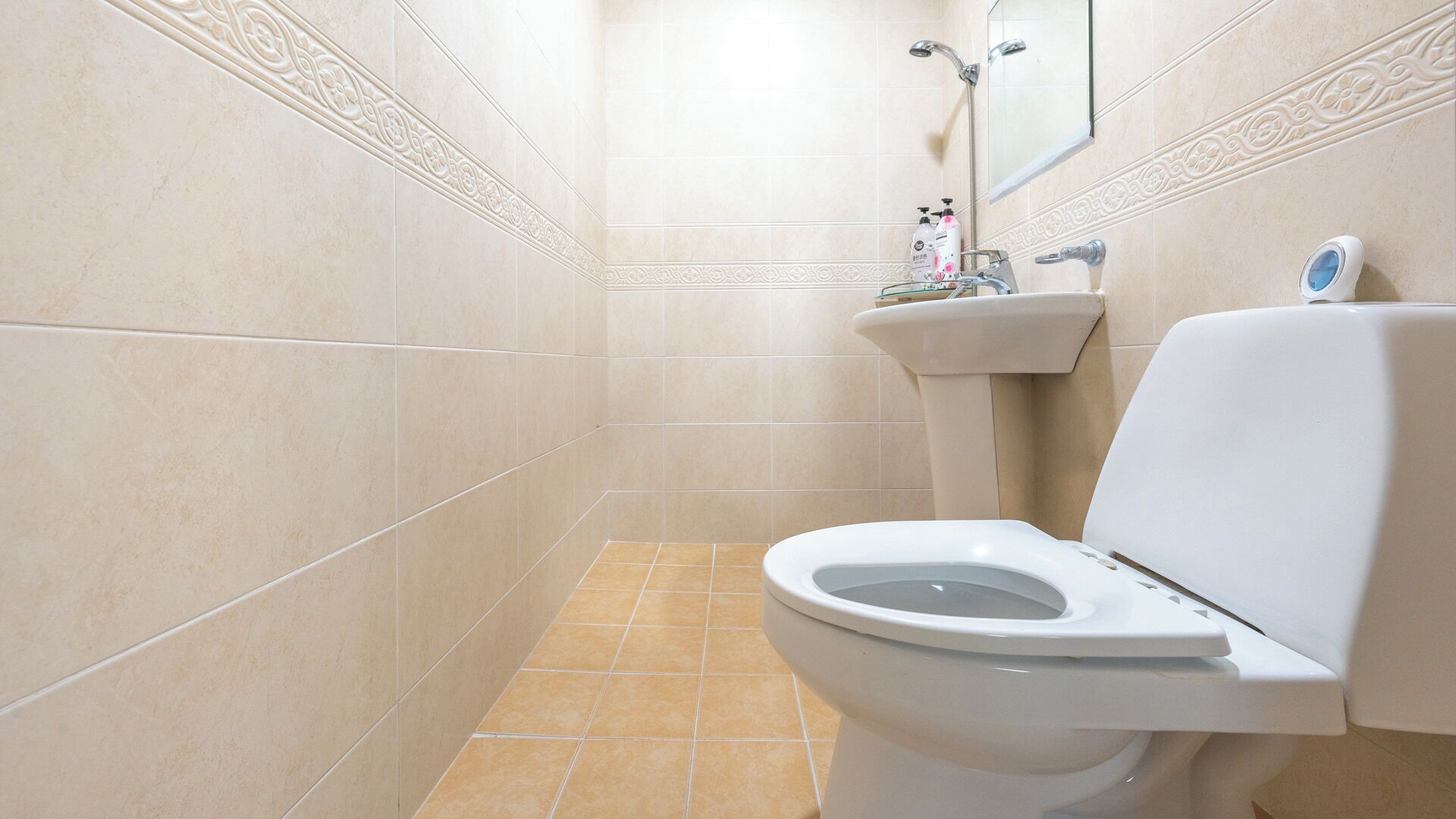 A bathroom with a toilet, sink, and shower.