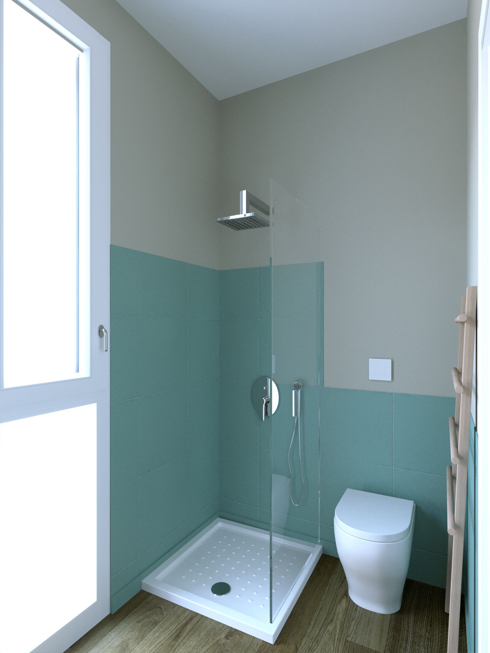 Une petite salle de bain moderne avec une douche à parois de verre, des toilettes blanches et des carreaux de couleur turquoise.