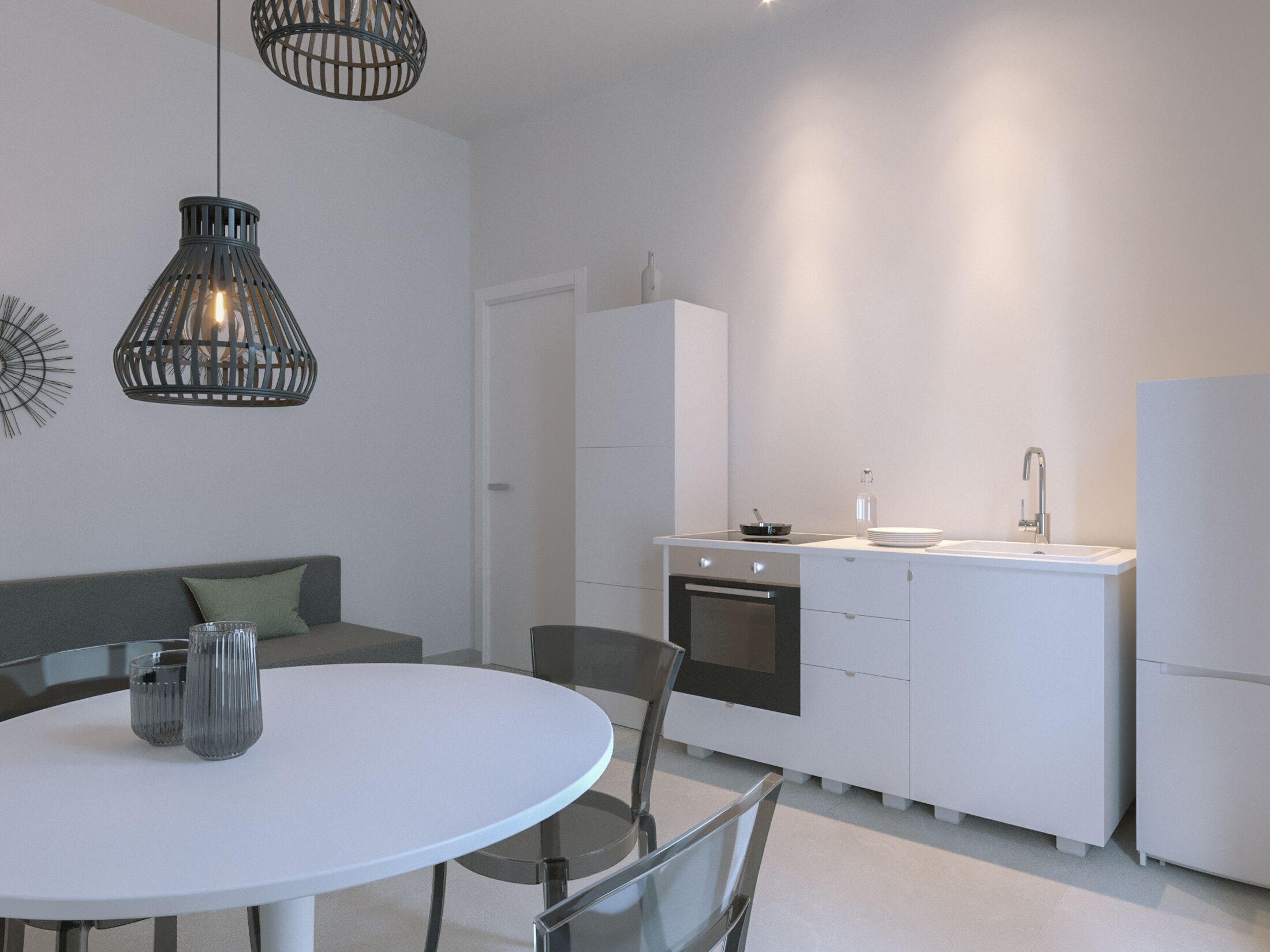 Et moderne køkken med hvide skabe, en indbygget ovn og en vask. Der er et spisebord med stole samt et lille sofabord med glas.