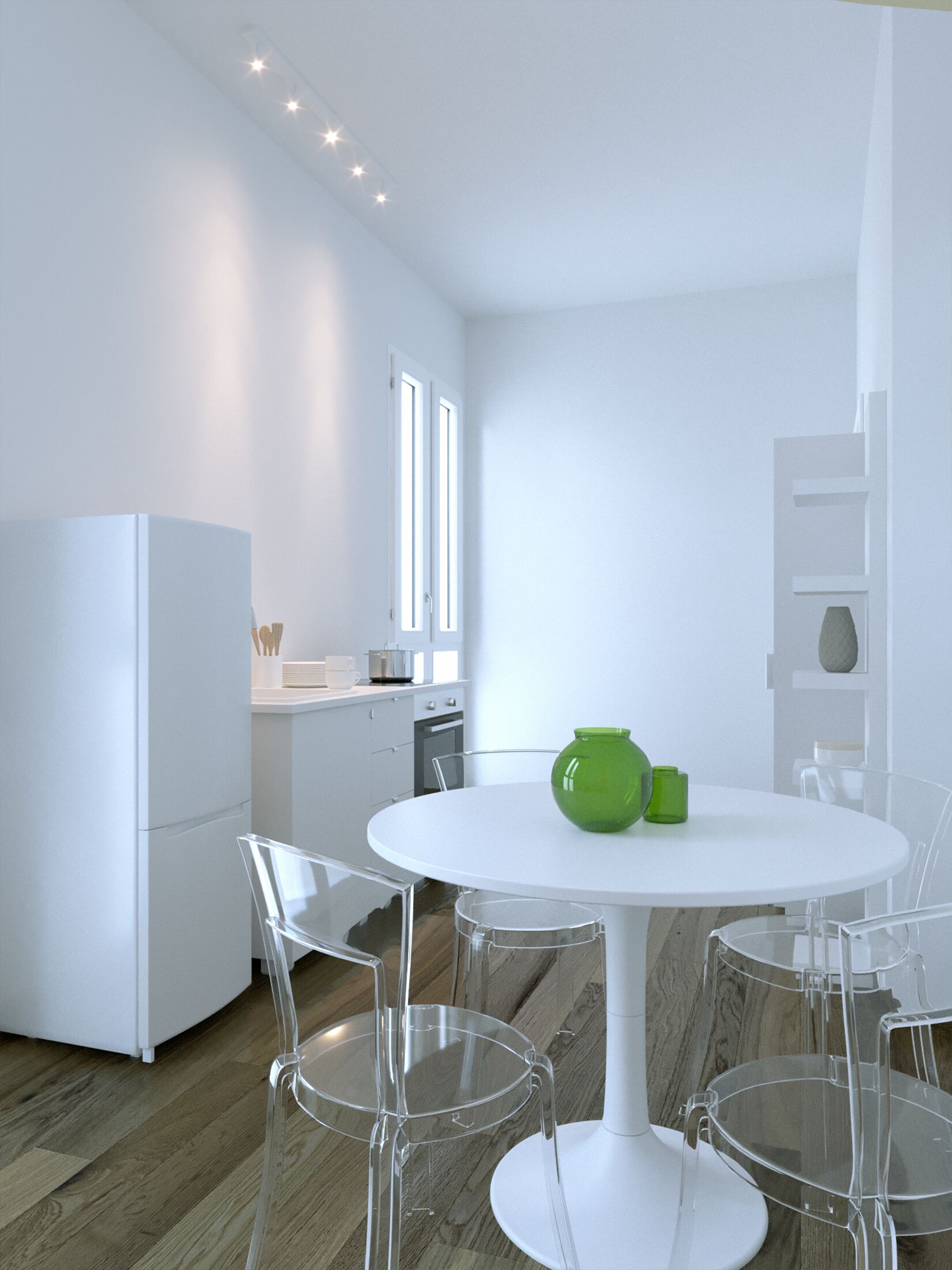 A modern kitchen with white cabinetry, a white refrigerator, and a round dining table with clear chairs.