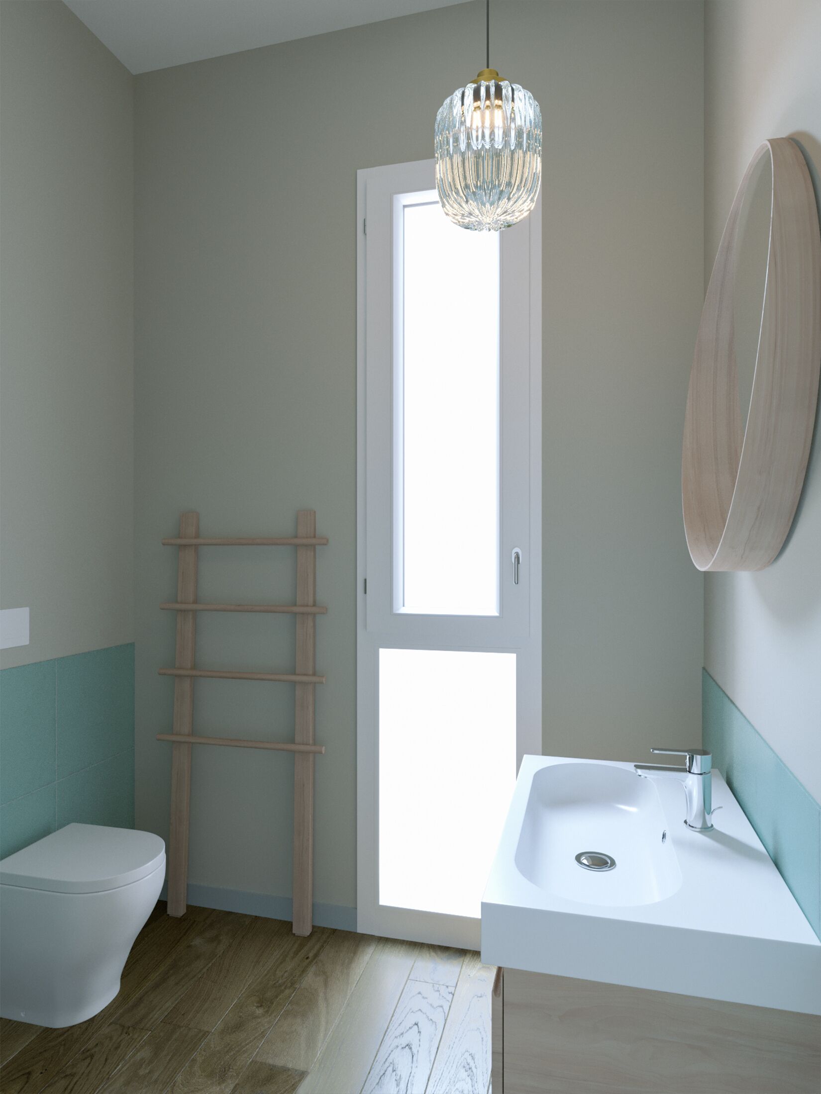A bathroom with a toilet, a sink, a wooden ladder, and a hanging light fixture.