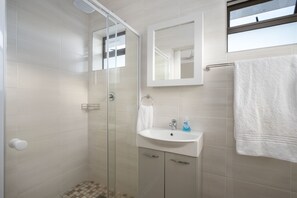 Shower, hair dryer, towels, soap