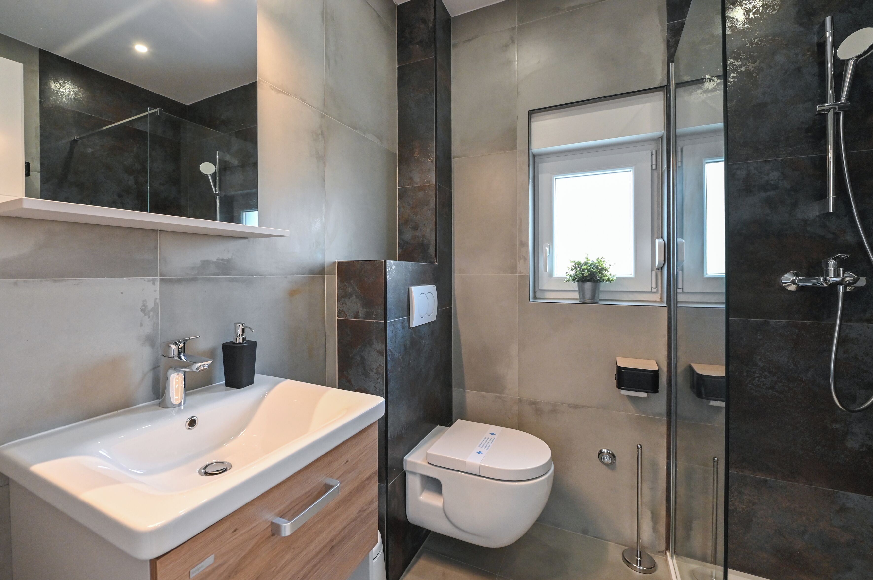 Shower, hair dryer, towels, toilet paper