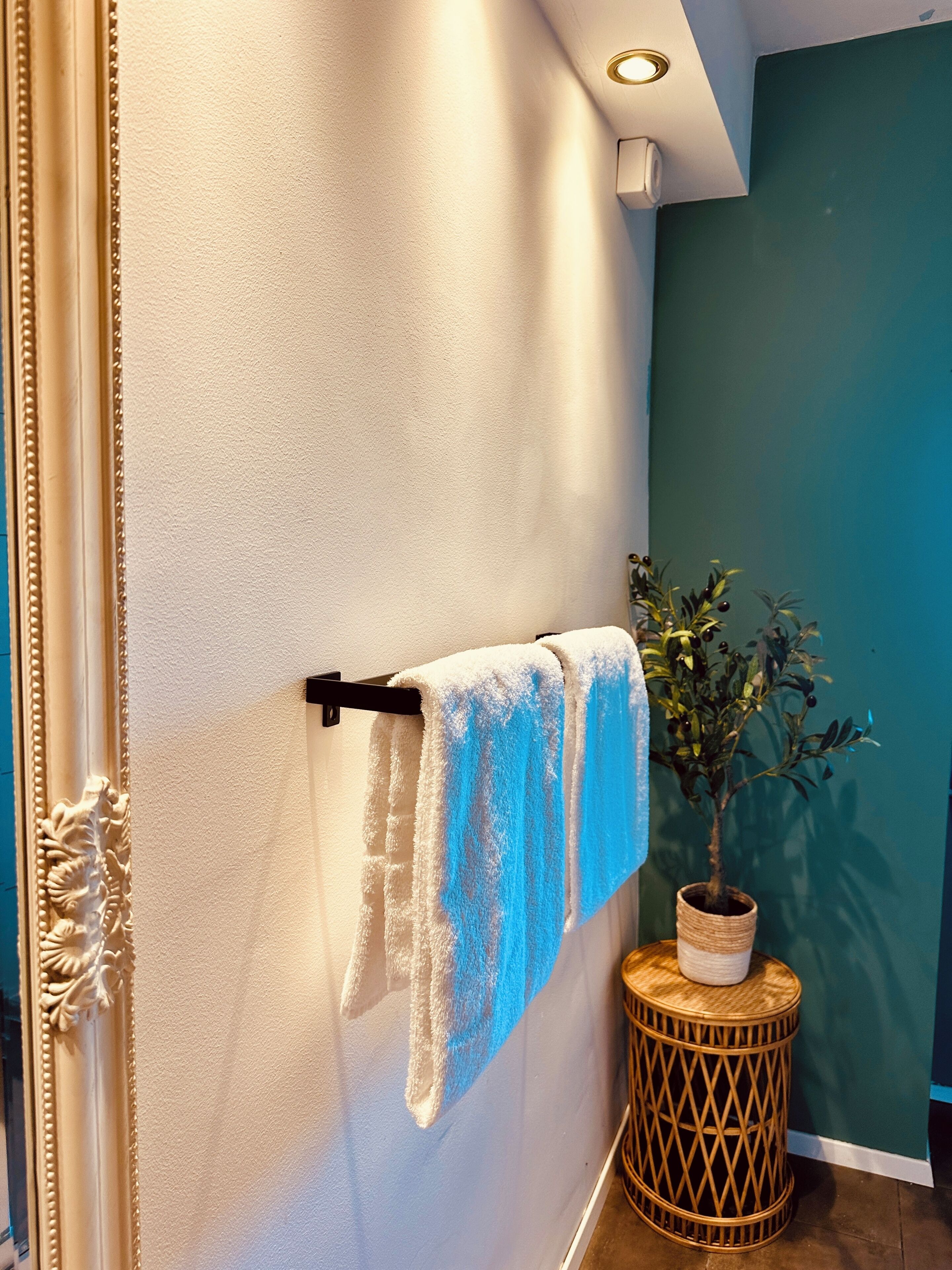 A bathroom with a towel rack, a potted plant, and a wooden stool.