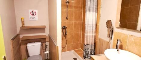 A compact bathroom with a toilet, shower, and sink.