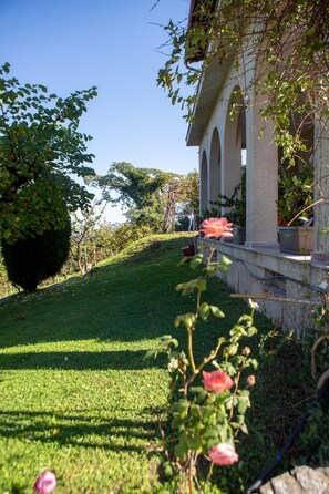 A well-maintained garden with a lawn, a large bush, and potted plants. - All Seasons Guest House (Lake Plastiras)