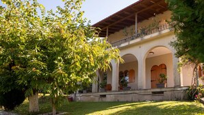 A building with a covered patio area, stone walls, and a tree in the foreground. - All Seasons Guest House (Lake Plastiras)