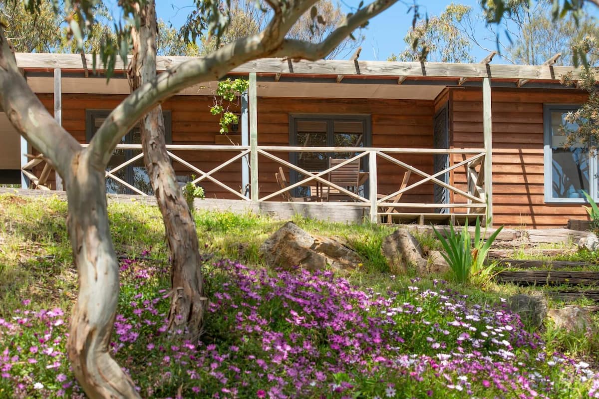 Uma cabana de madeira com varanda coberta e um jardim com flores roxas.