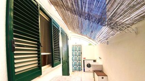 Un pasillo estrecho con contraventanas verdes, una lavadora y un lavabo.