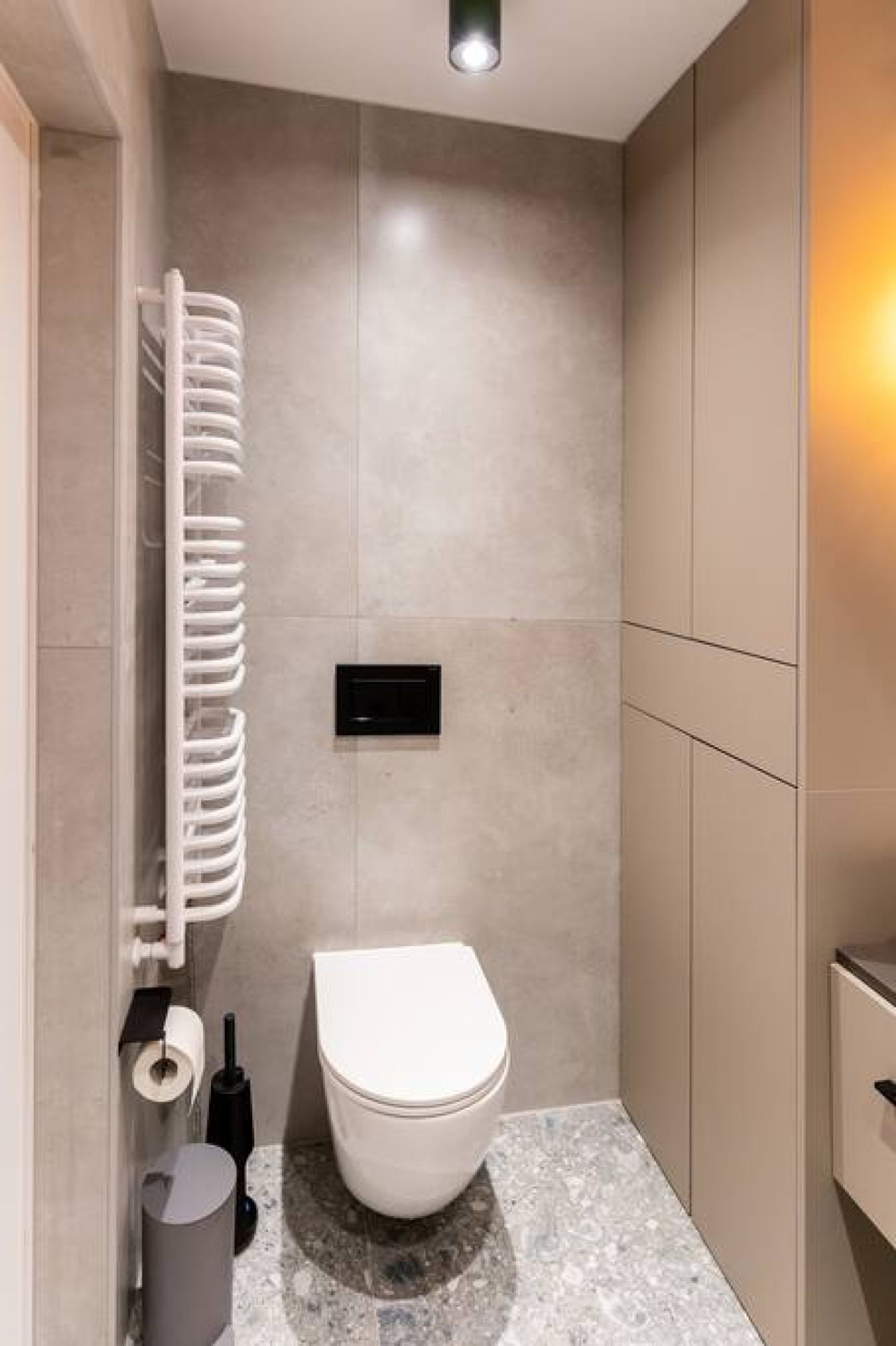 A modern bathroom with a toilet, a towel rack, and a shower area.