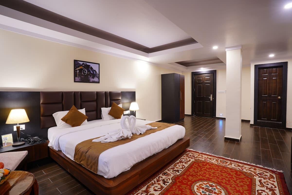 A hotel room with a large bed, a headboard, a nightstand, a lamp, a wall-mounted picture, and a red patterned rug.