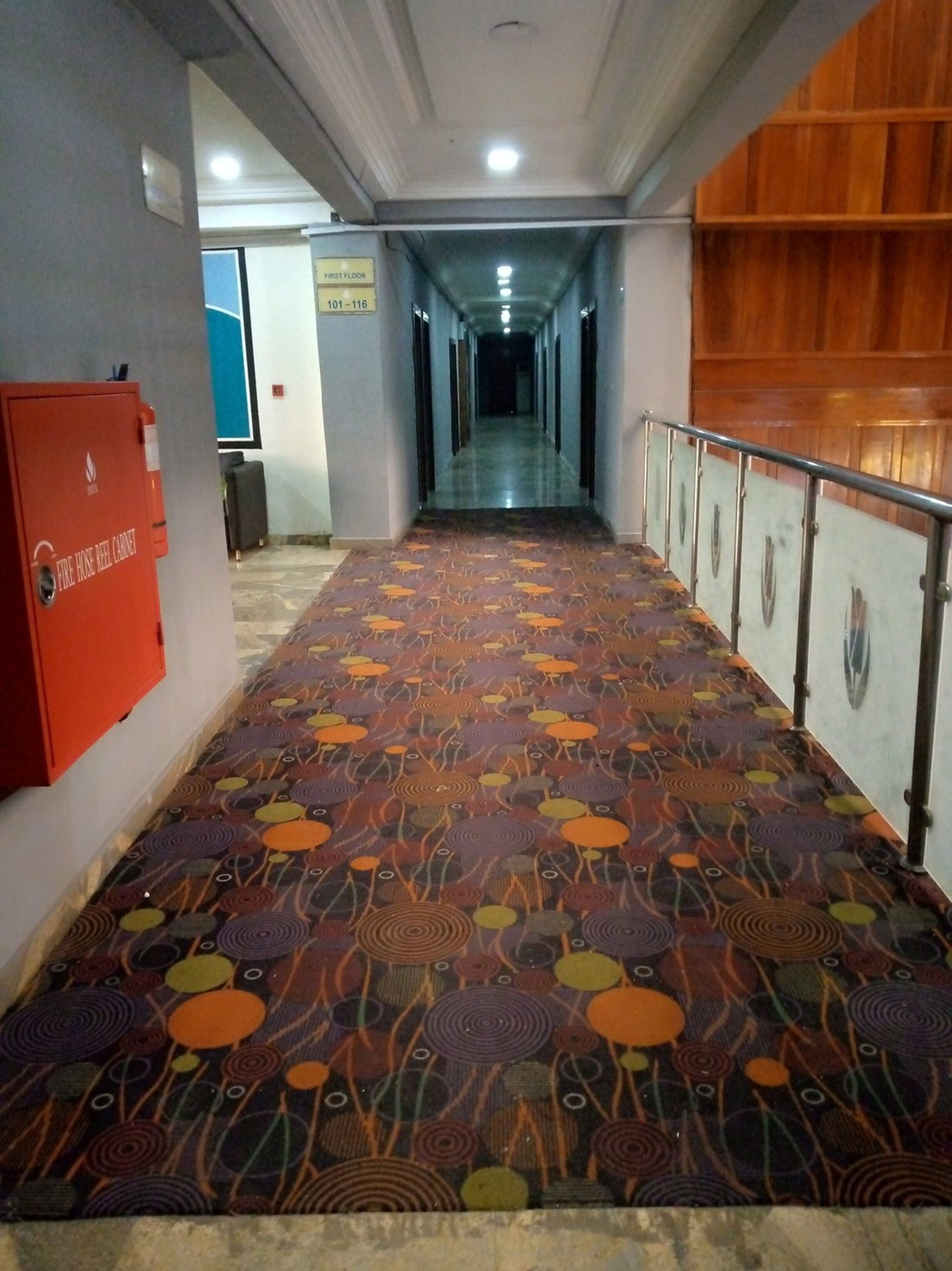 Un pasillo con alfombra estampada, un armario para manguera contra incendios y un panel de pared de madera.