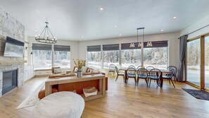 Smart TV, fireplace, books