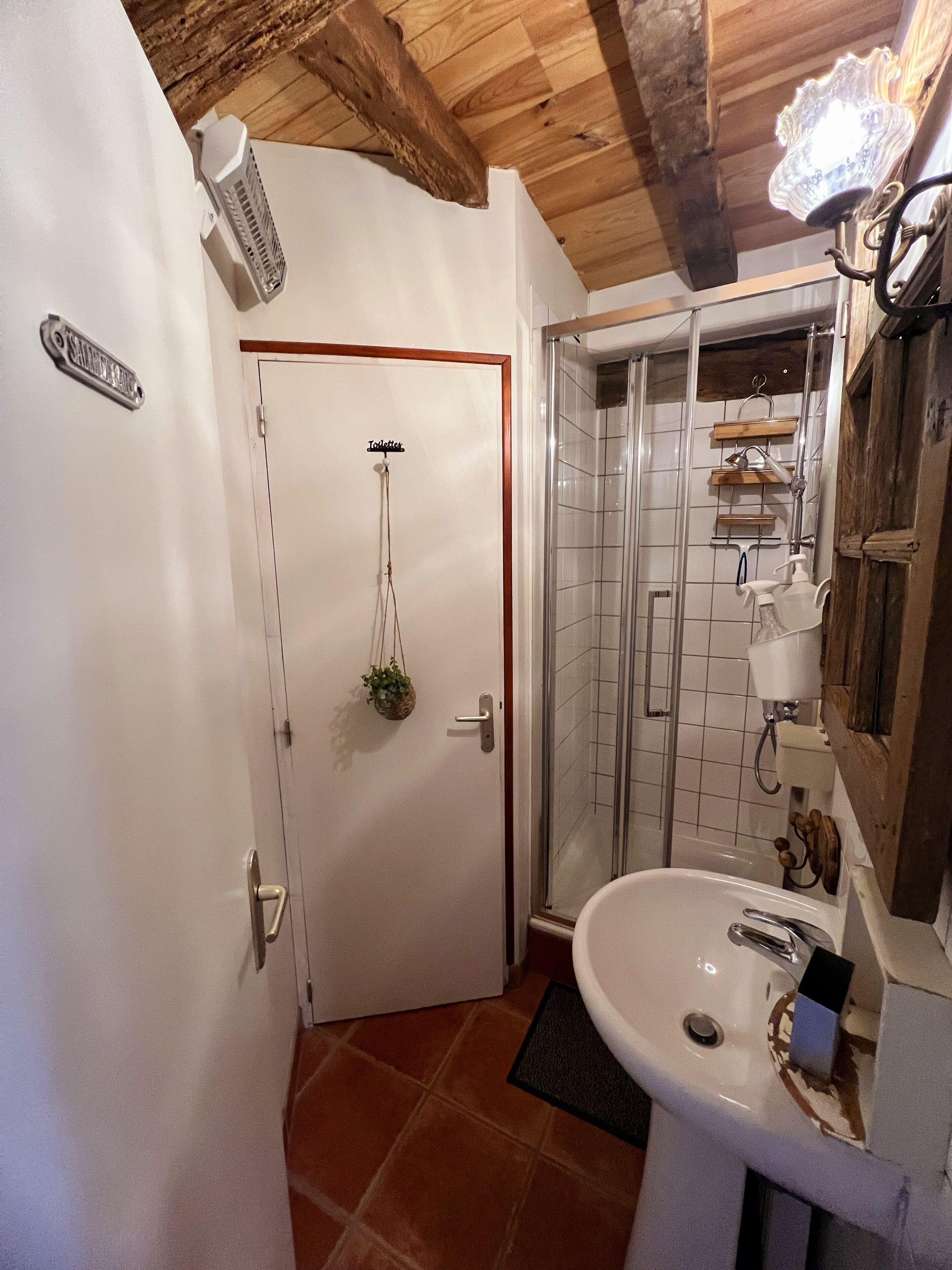 A bathroom with a shower, sink, and a door labeled "Sofitel."