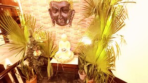Una estatua de una figura sentada en una habitación con pared de ladrillo, rodeada de plantas en macetas.