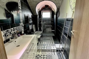 Regadera, secadora de cabello, bidet, toallas 