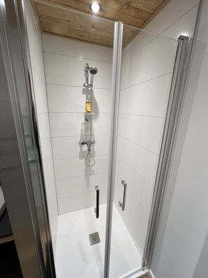Shower, hair dryer, towels, toilet paper