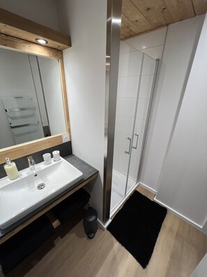 Dusche, Haartrockner, Handtücher, Toilettenpapier