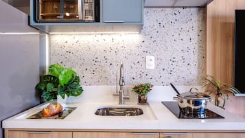 Apartment | Private kitchen | Fridge, microwave, cookware/dishes/utensils