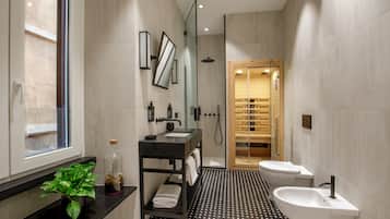 Appartamento, terrazzo | Bagno | Soffione a pioggia, set di cortesia gratuito, asciugacapelli, pantofole