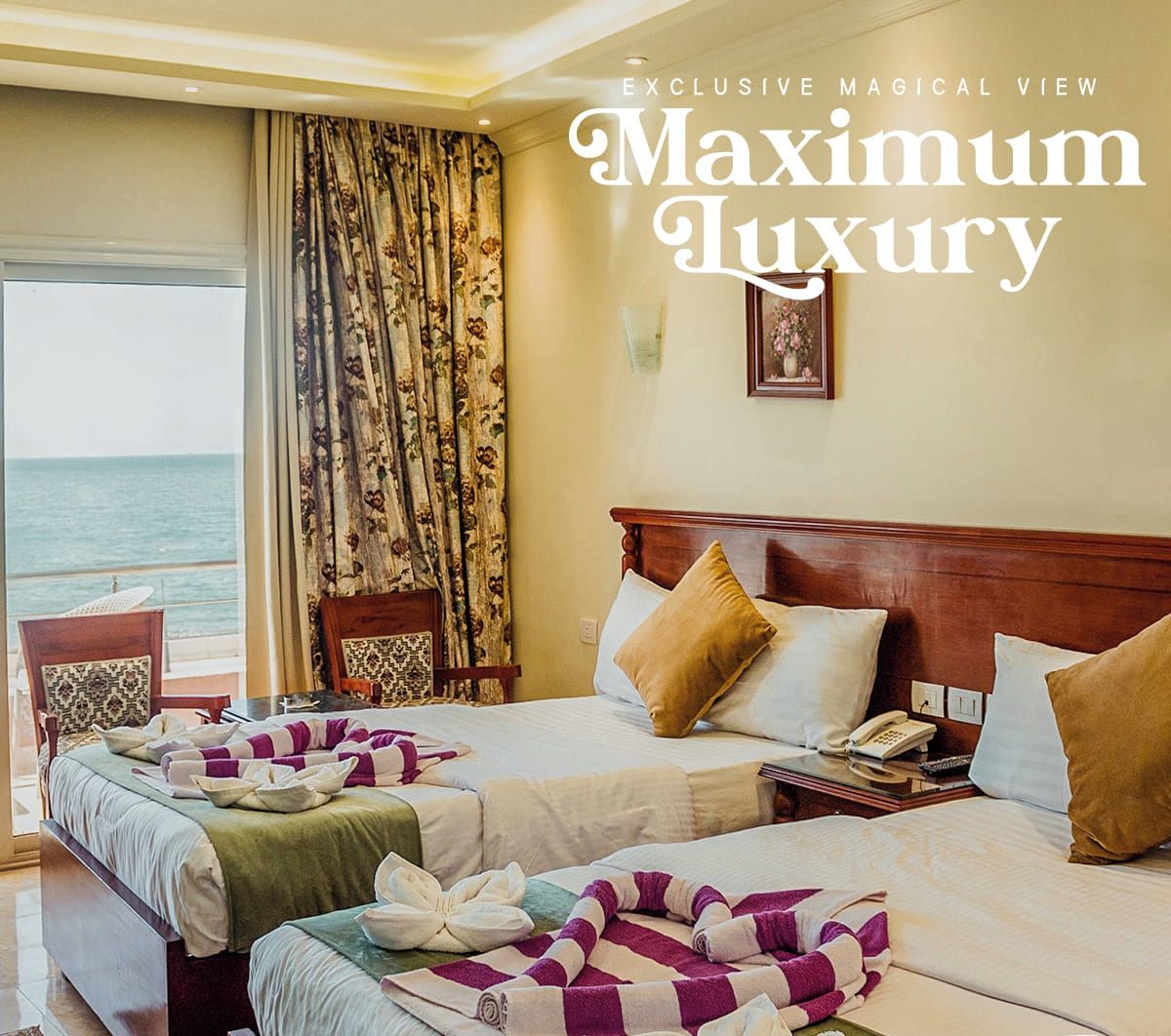 A hotel room with two beds, a view of the sea, and a sign indicating "Maximum Luxury".
