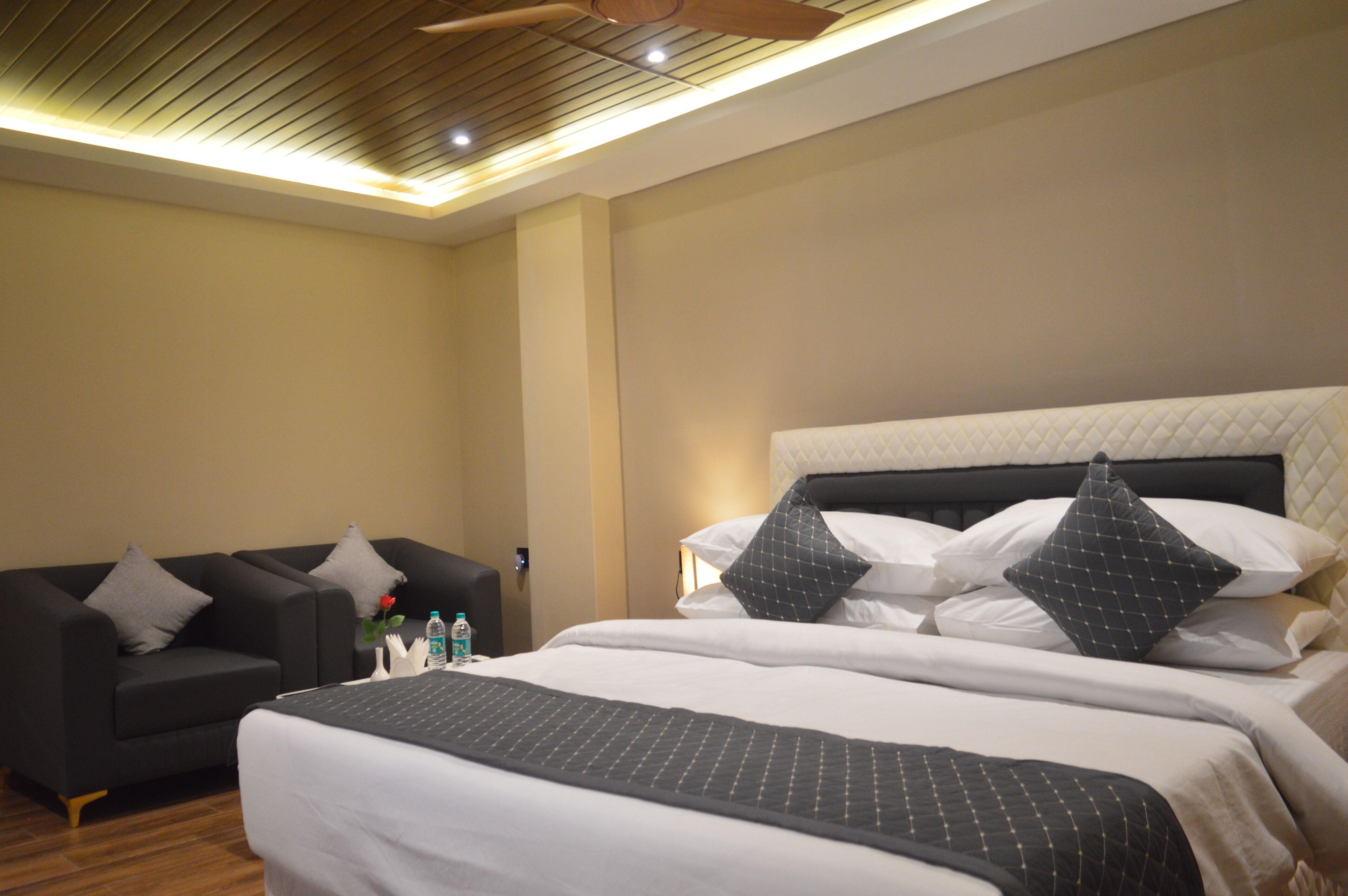 Une chambre d’hôtel avec un lit, un canapé et un ventilateur de plafond.