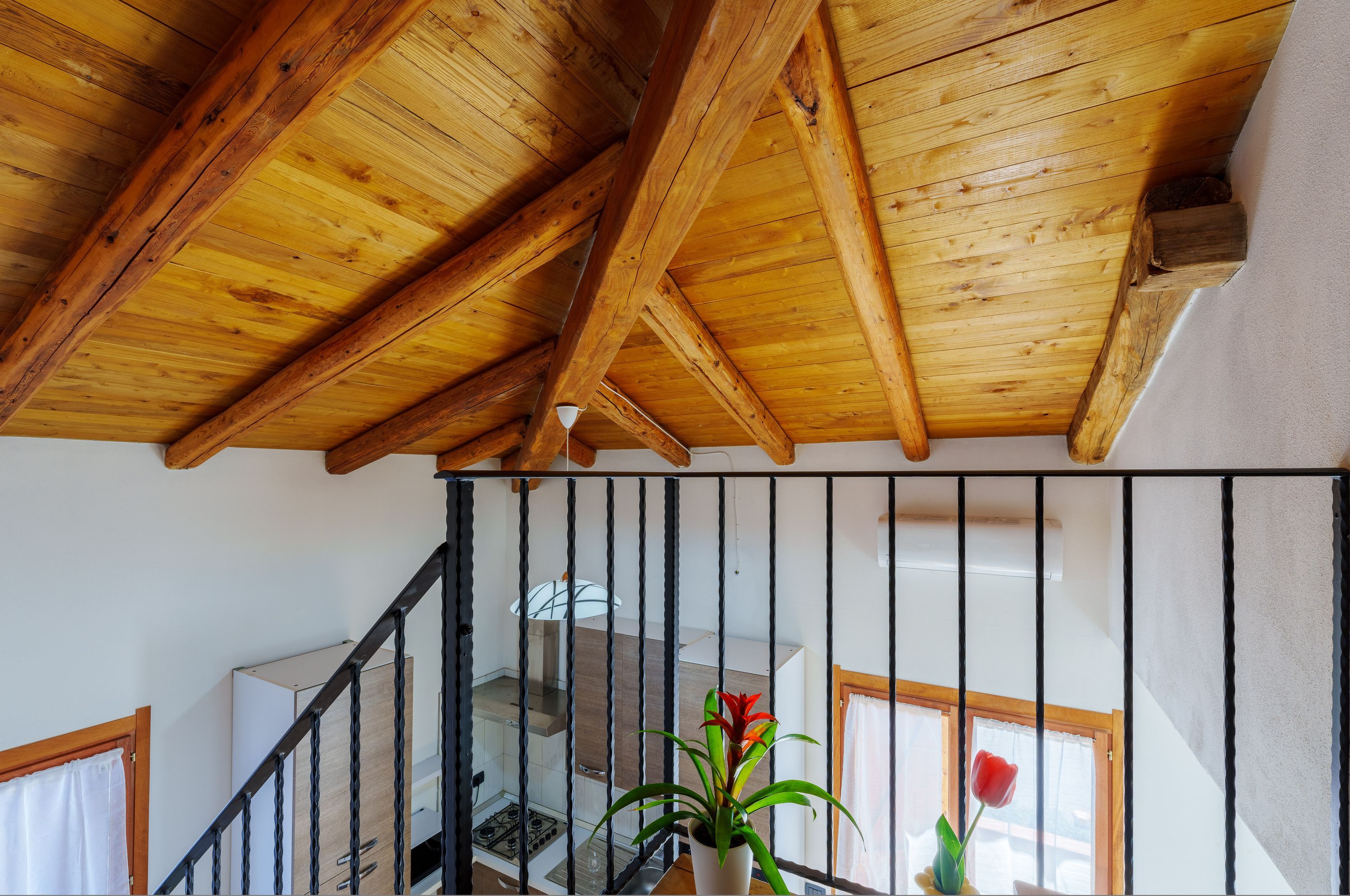 A wooden ceiling with exposed beams, a staircase with black railings, and a potted plant with a red flower.