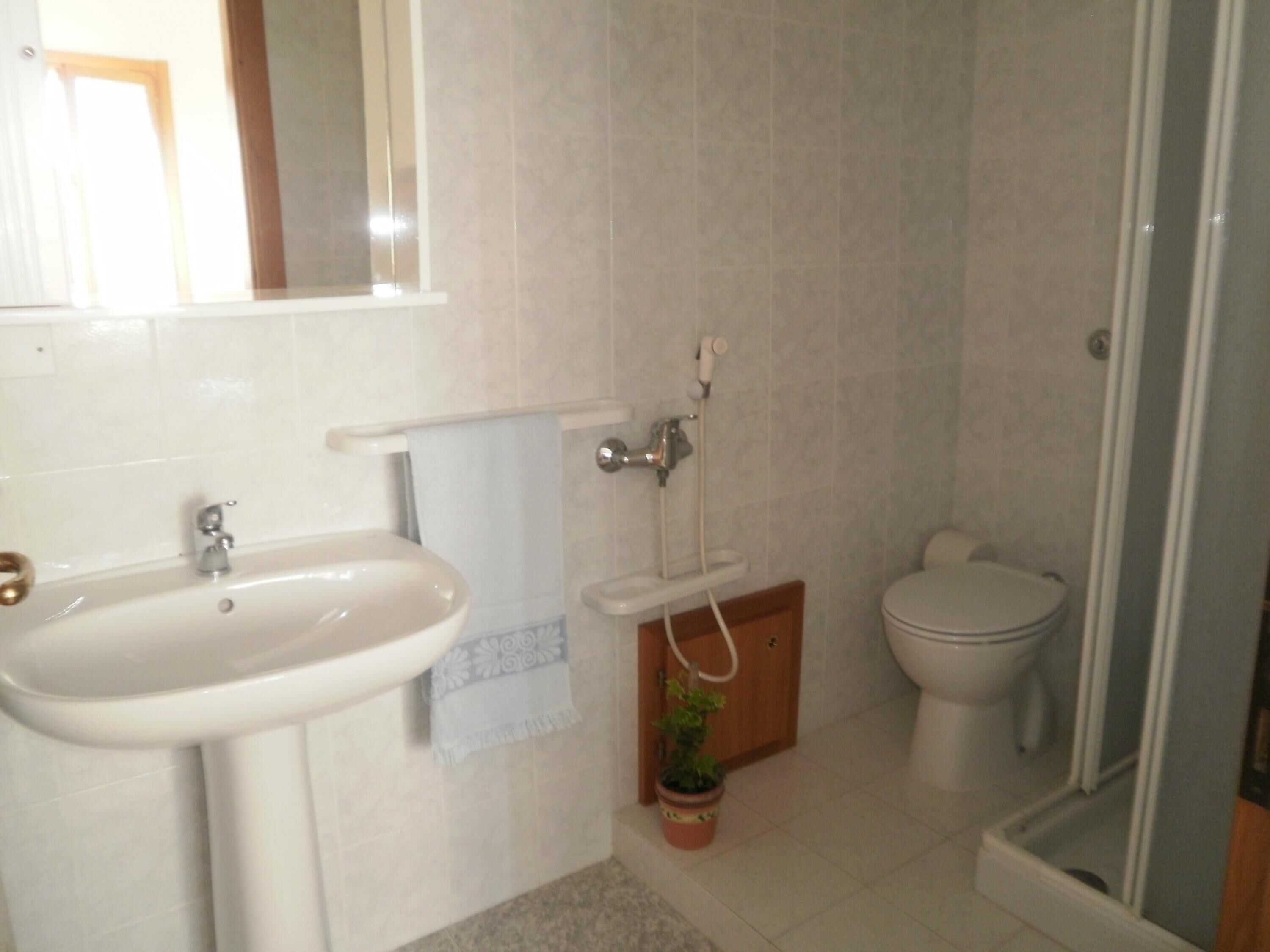 A bathroom with a sink, toilet, and shower.