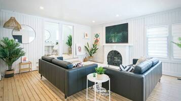 Televisión, chimenea, libros y estéreo