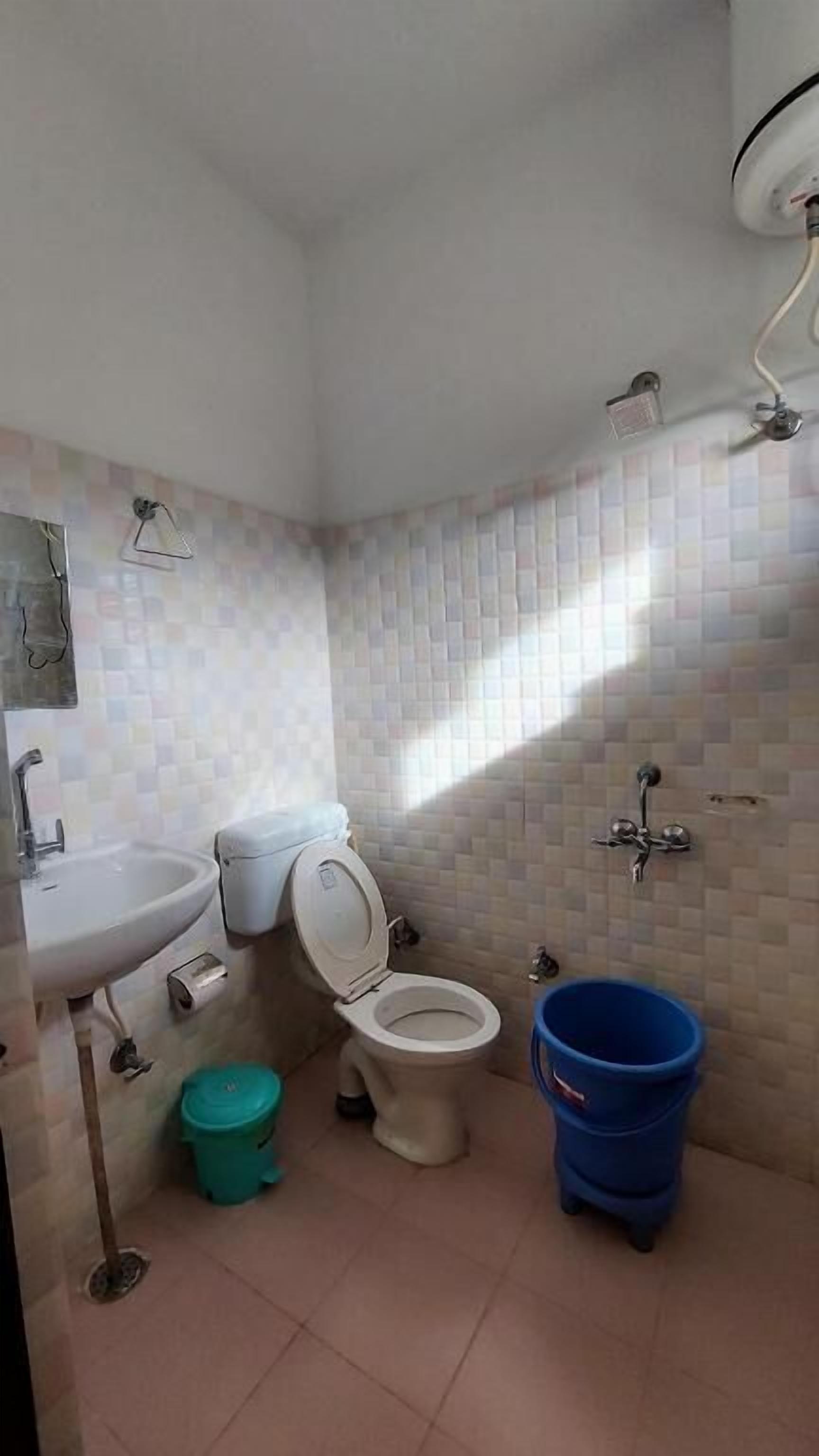 A small bathroom with a toilet, sink, and shower.